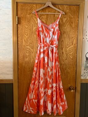 Orange and White Printed Maxi Dress with Tie Waist